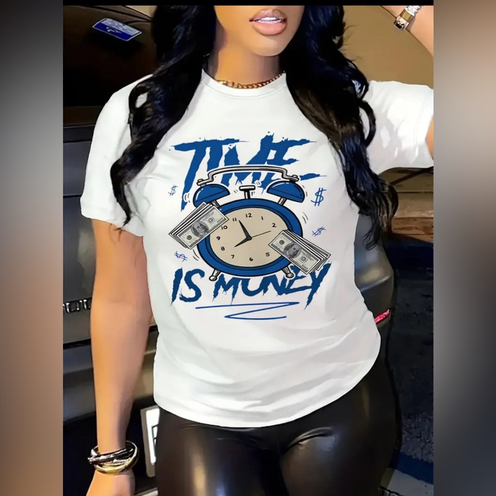 NIP Vibrant Dollar & Clock Print Relaxed Fit Crew Neck T-Shirt -Soft, Breathable
